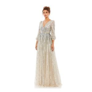 Mac Duggal 5509 Silver Nude Sequined Wrap Over 3/4 Sleeve Gown Size 10 New